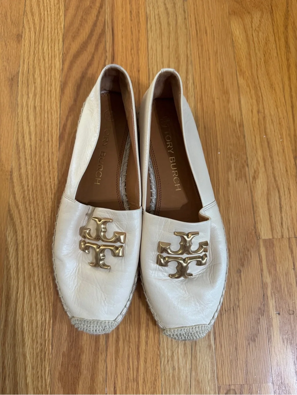 Tory Burch Cream Leather Espadrille Flats with Gold Logo Accent